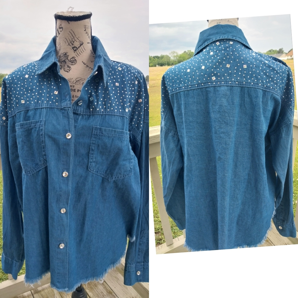 Embellished Chambray . Denim Button Down Shirt